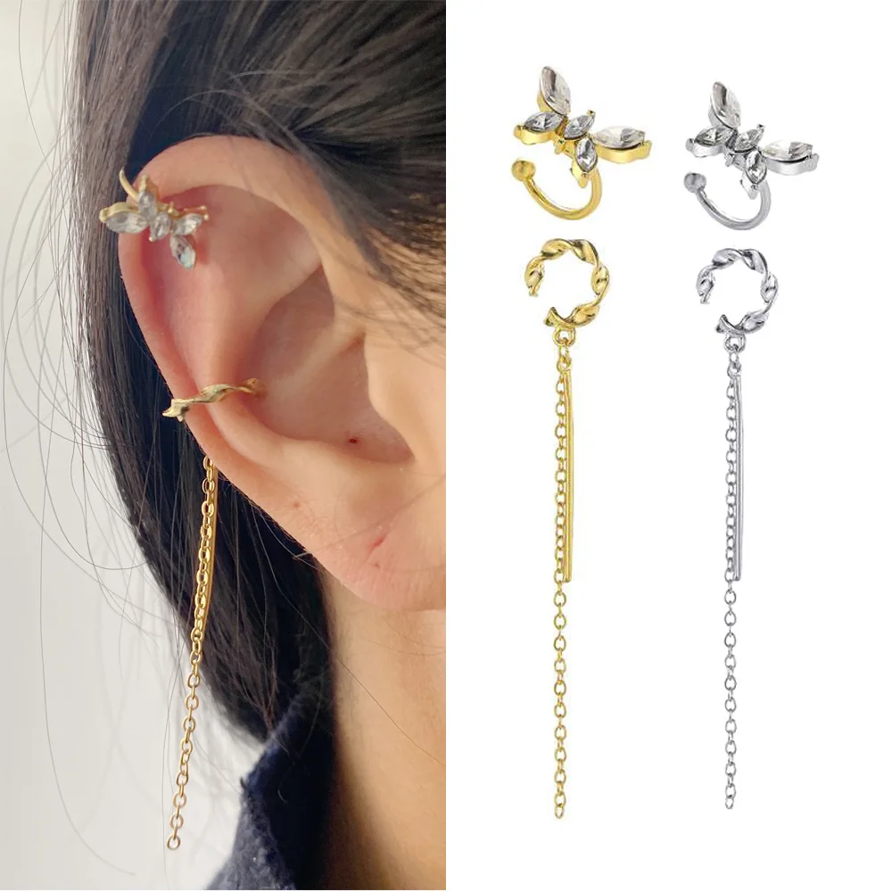 

Korean Fashion Crystal Butterfly Tassel Earrings For Girl Women Piercing Long Earrings 2022 Trend Hanging Metal Ear Cuff Jewelry