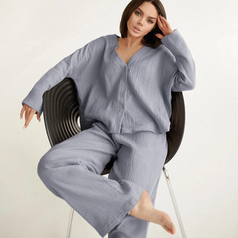 Excellent Product Women Pajama Sets Fashion Cardigan Wide Leg Trousers Sleepwear Pure Cotton Women's Home Clothes 2 Piece Suit
