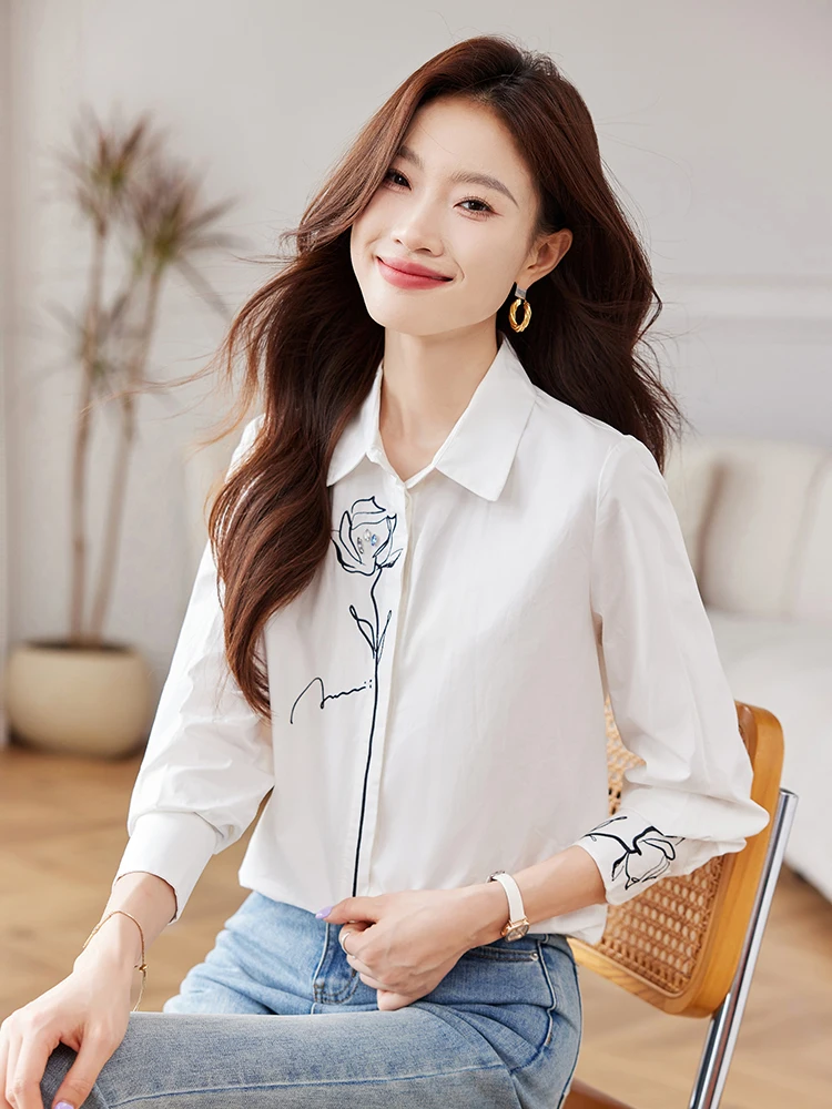 Новая женская рубашка с длинным рукавом и отложным воротником вышивкой блузка