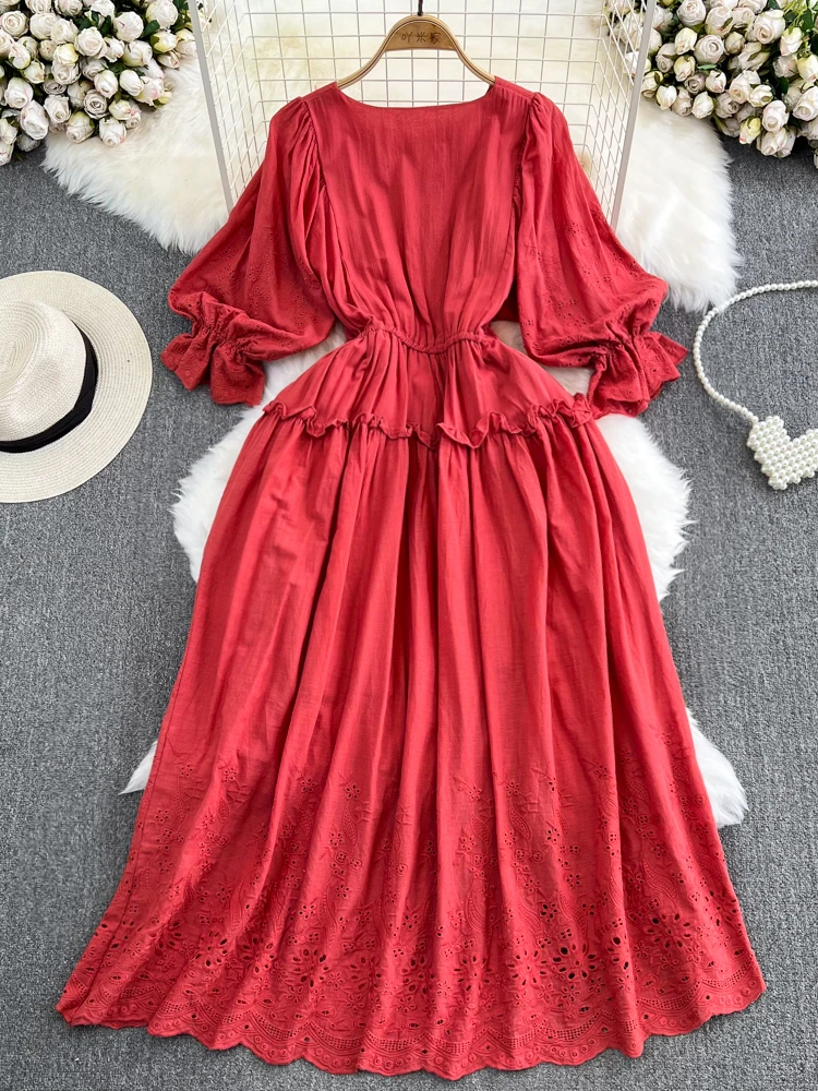 

Новинка, винтажное весенне-летнее однотонное тонкое женское платье FMFSSOM, трапециевидный шифоновый пуловер с круглым вырезом, женские платья до середины икры с высокой талией