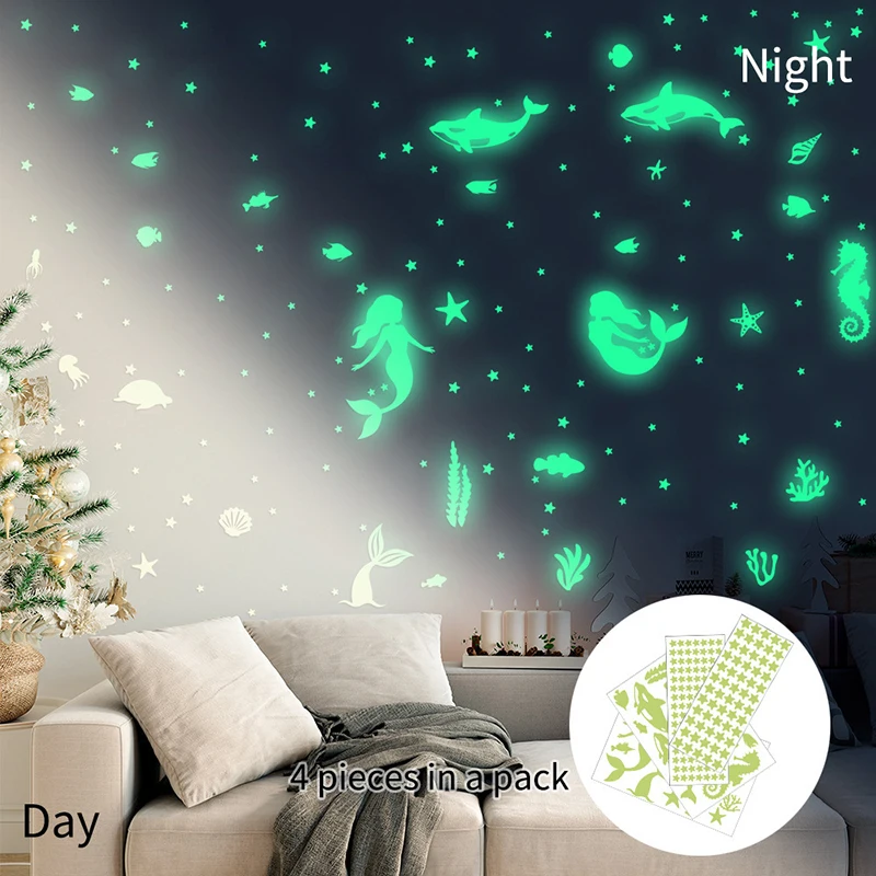 

New Luminous Wall Decal Mermaid Sea World PVC Stickers Peel and Stick Themed Wall Art for Home Window