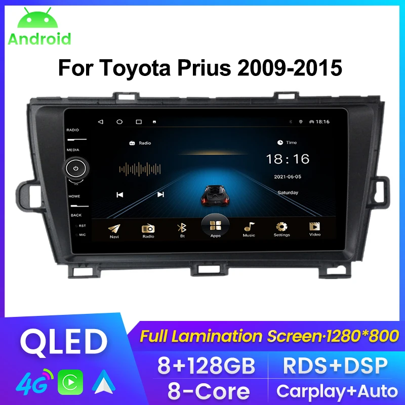 9INCH QLED Screen Android Car Radio For Toyota Prius 2009-2015 Multimedia Player GPS Navigation Carplay+Auto WIFI 4G RDS DSP BT