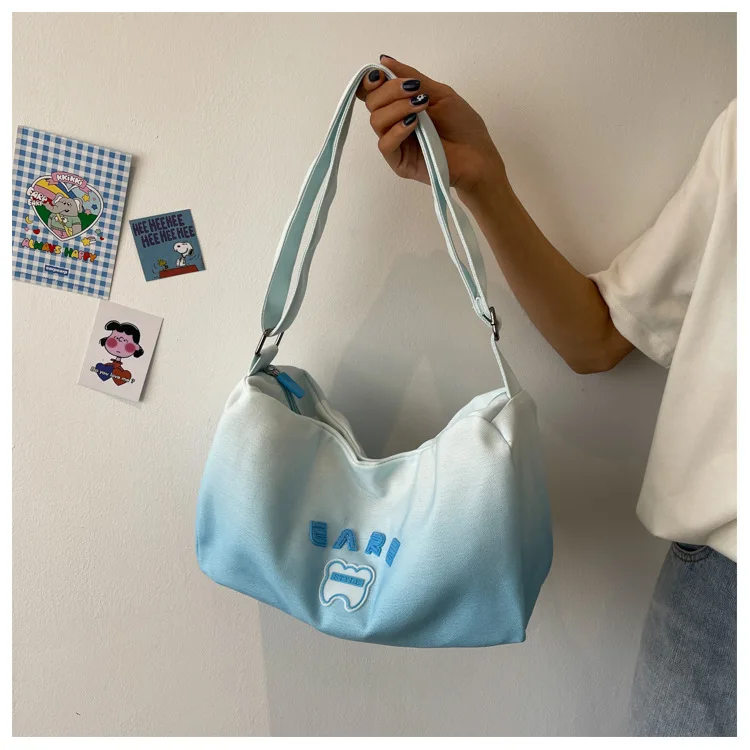 Women Gradual Canvas Tote Bag Female Large Capacity Shoulder Shopper Bag Korean Ins Cloth Crossbody Bag Zipper Messenger Handbag