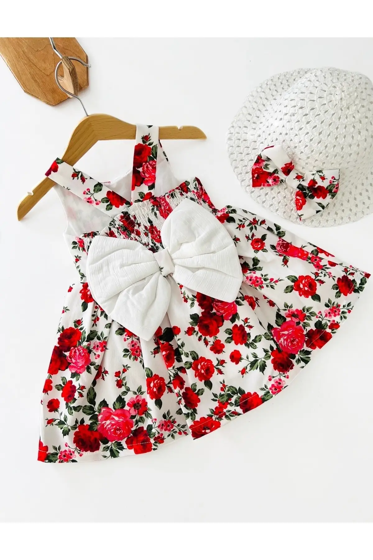Female Child Back Bow Hat Red Dress-Marian Floral Cotton Clothing