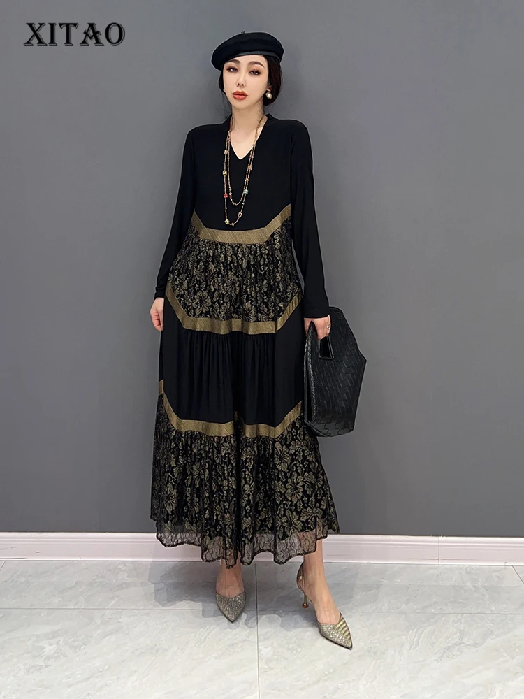 

XITAO перспективное кружевное платье в стиле пэчворк, маленький свежий пуловер, черное Сетчатое платье в стиле пэчворк, свободное, 2023, весеннее платье SMH1540