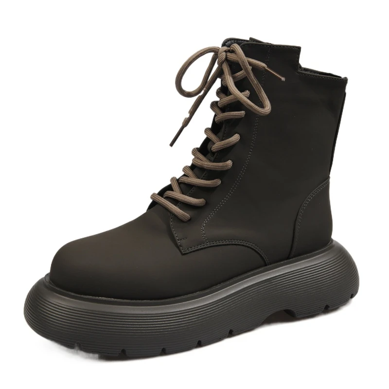 

Women Boots 2022 Side Fur Lace-up Clearance Pumps Casual Mid Calf Block Heel Stretch Combat Flat-heeled No Gyaru Sports Autumn