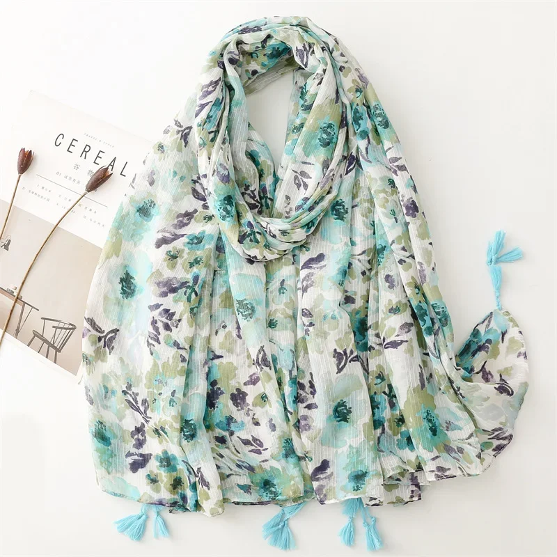 

Cotton and linen feel scarf, bamboo knot yarn, fresh floral shawl, tassel girl