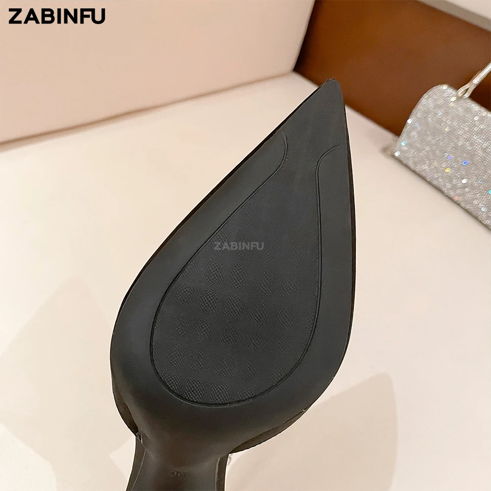 Rhinestone Women High Heels 2023 Summer Luxury Silk Pointed Toe Crystal Chain Ankle Strap Women Sandals Party Dress Stiletto