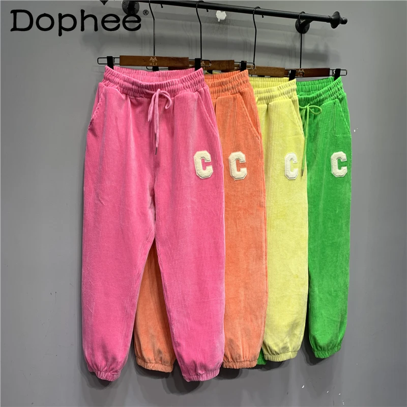 Candy Color Letter Embroidered Sweatpants Korean Autumn Winter New Women Loose Wide Leg Female Leisure Ankle-Tied Harem Pants