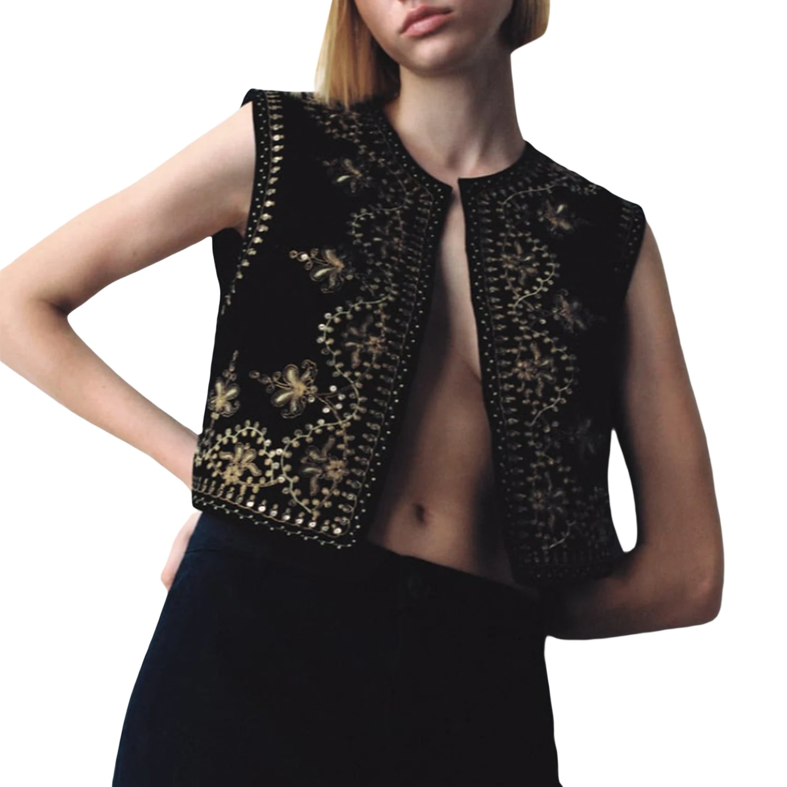 

Women Vest Sleeveless Solid Colors V-Meck Front Open Embroidery Flower Sequined Pullover Outwear Gilet Casual Streetwear