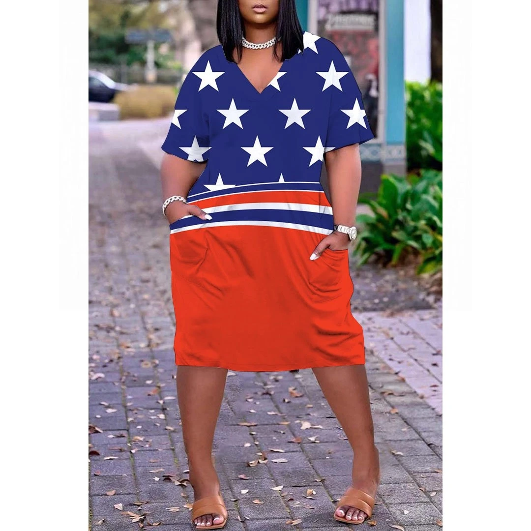 

Print Short Sleeve V-neck Knee Length Seaxy Skirt Summer Fashion Loose Street Women's Wear New Hot Selling Oversize Dress