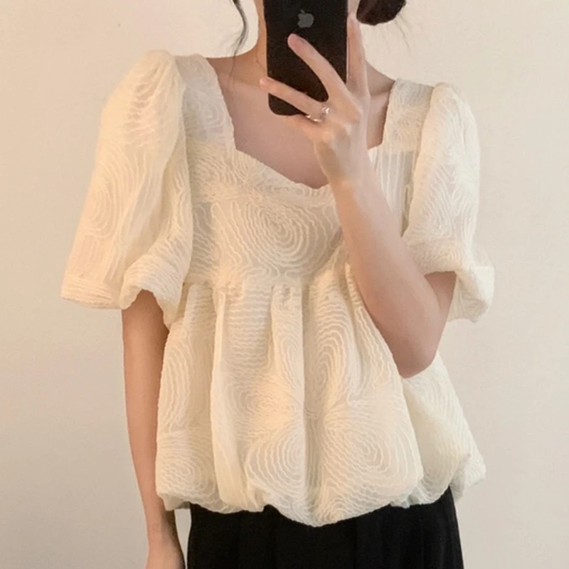 

SuperAen 2022 Summer Solid Square Collar Sweet Lace Embroidery Hook Flower Loose Puff Sleeve Doll Shirts Women
