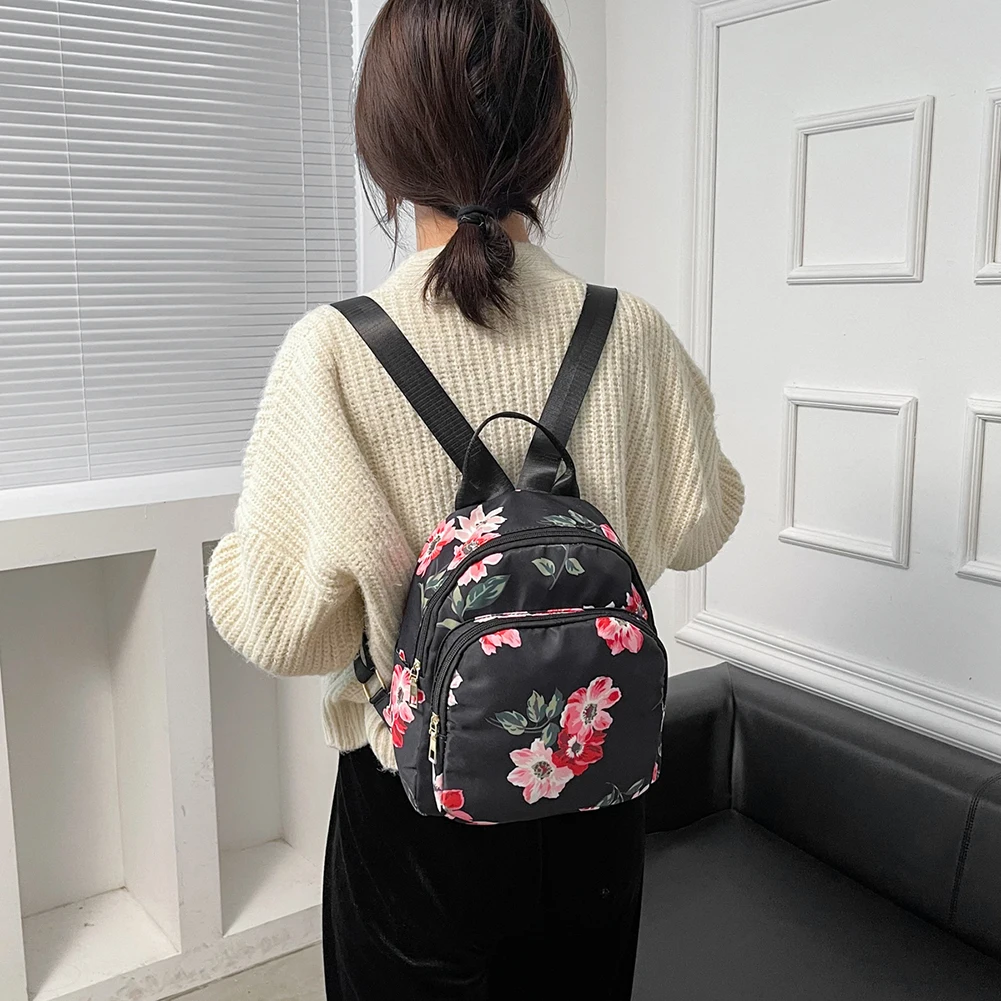 

Women Oxford Cloth Flower Pattern Zipper Backpack Multi-pocket Large Capacity School Bag Wear-Resistant Laptop Bag