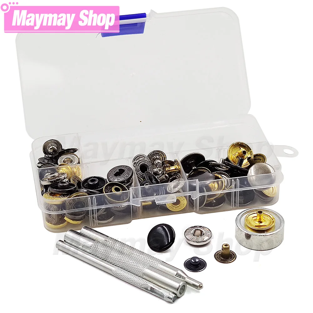 25Sets Metal Button Snaps Fasteners Press Snap Studs With 4 Installation Tools Kits Leathercraft For Clothes Garment Bags Shoes
