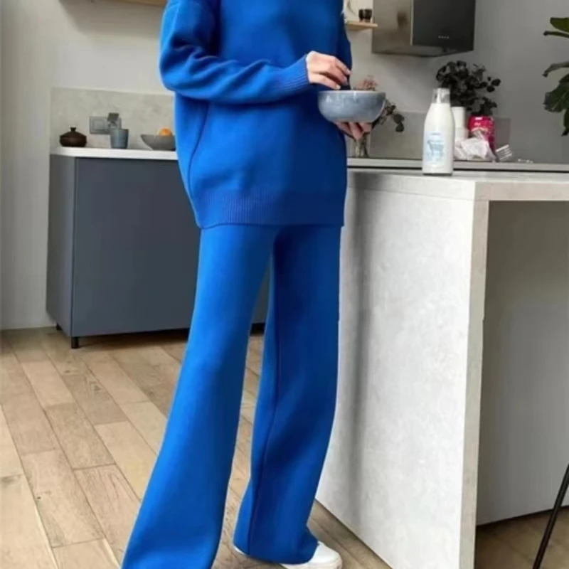 Монохромный вязаный костюм для женщин высокая шея широкие брюки волосы ленивого