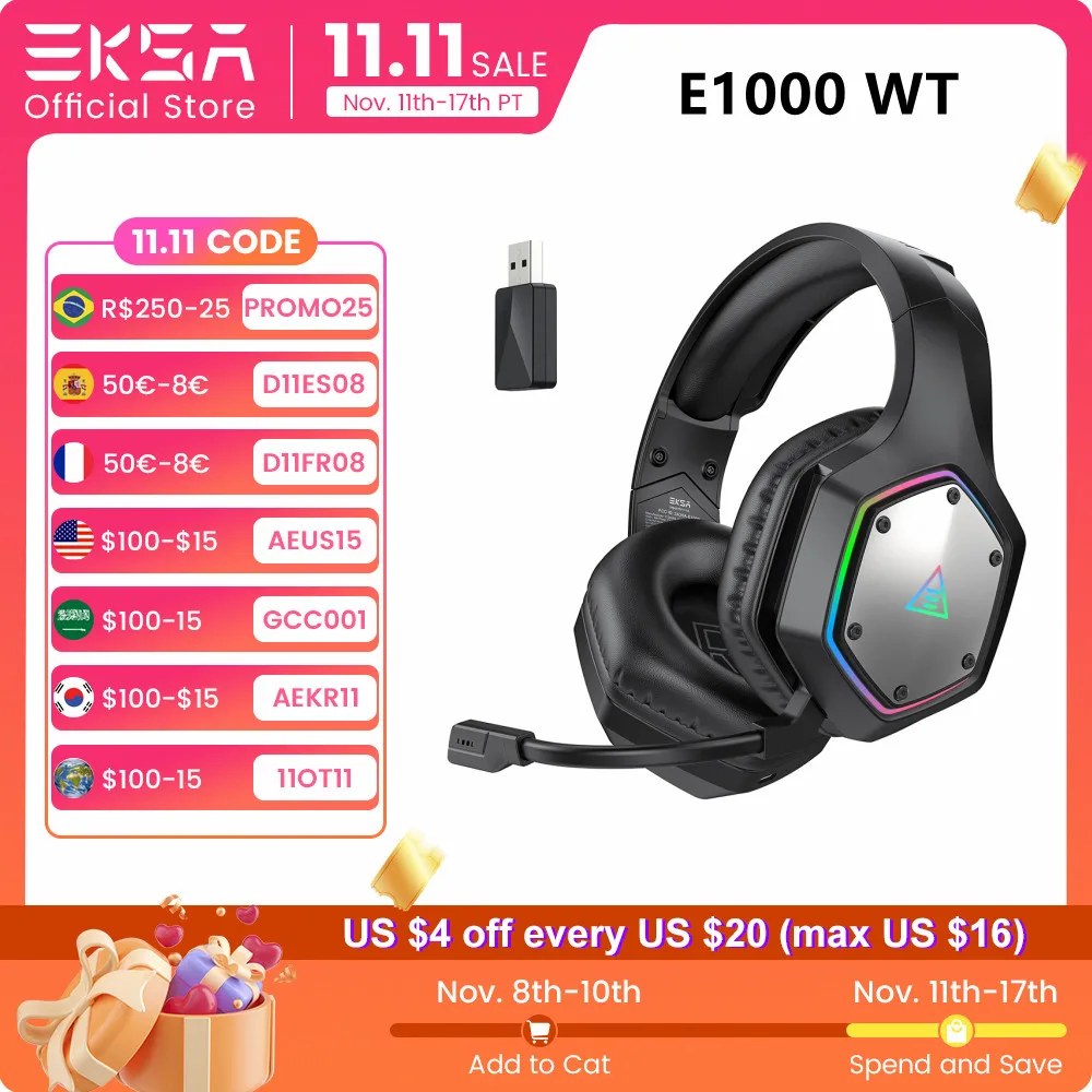 EKSA 2.4GHz Wireless Headphones E1000 WT 7.1 Surround Wired Gaming Headset Gamer with ENC Mic Low Latency for PC/PS4/PS5/Xbox