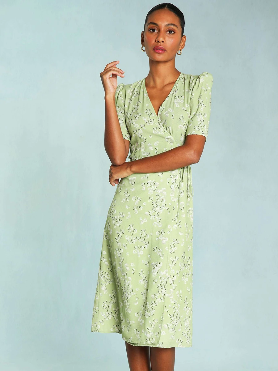 

Retro Floral Print Midi Dress Ladies Summer Short Sleeve V-neck Wrap Long Dresses Female Elegant Vintage Robes Fashion 2022