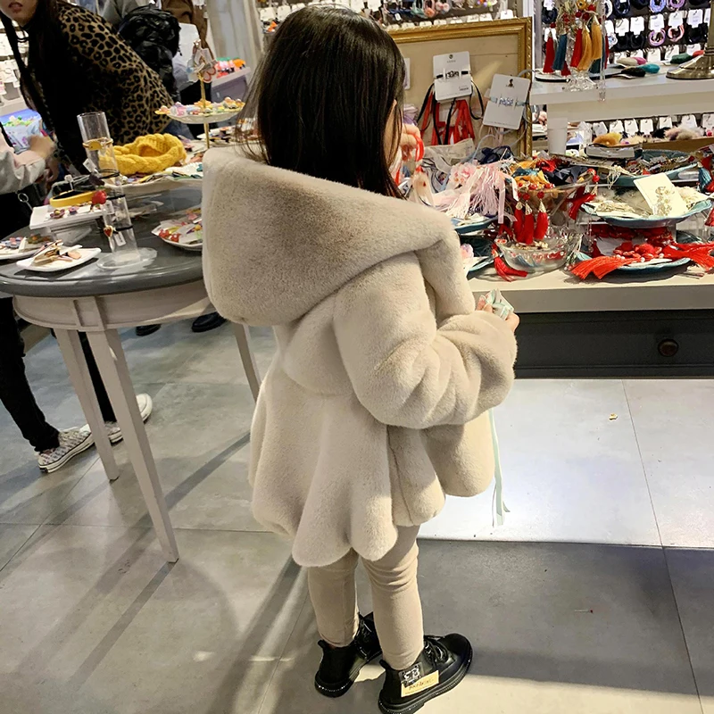 

Winter new style baby plush thickened rex rabbit hair western-style waist closing girls wool sweater children's fur coat