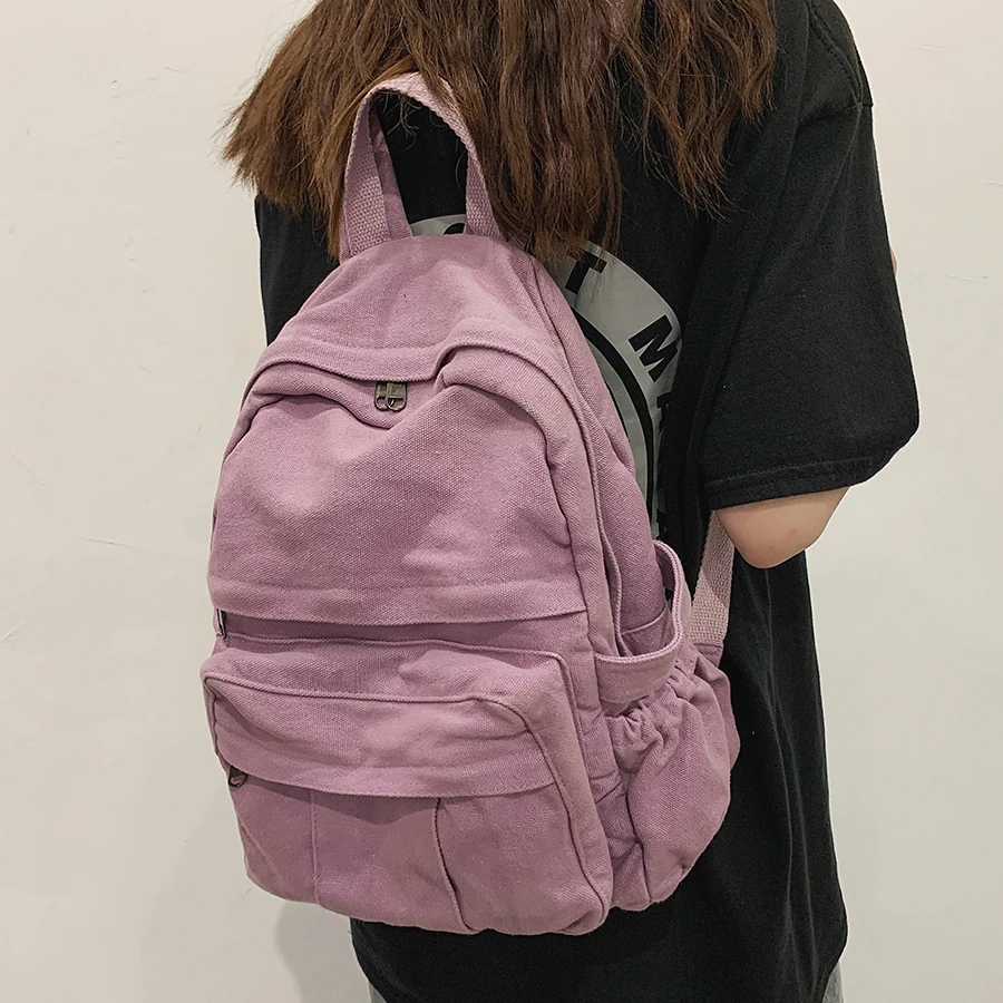 

Vintage Distressed Large Capacity School Bags Teenagers Solid Color Canvas Backpacks Travel Student Zipper Bookbag