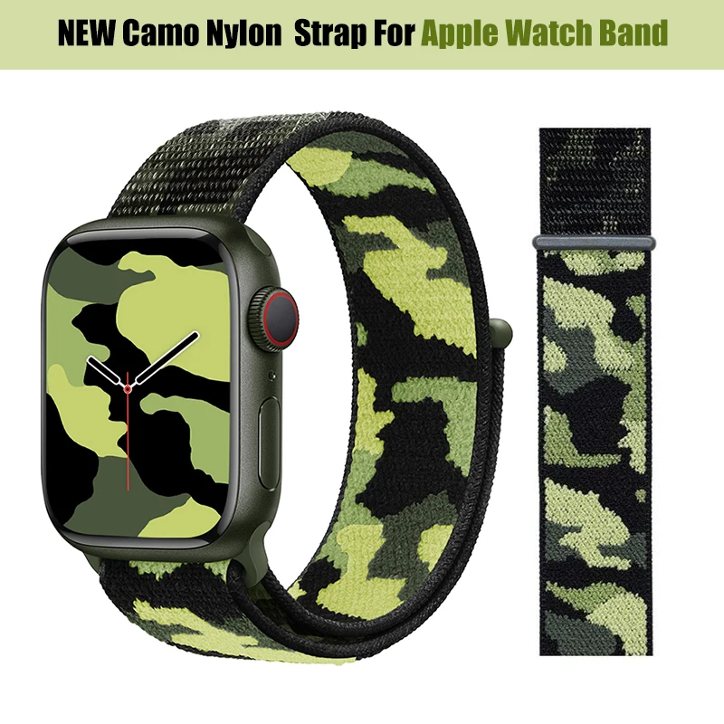 

NEW Camo Nylon Leopard Solo Loop Watch Strap for Apple Watch 38 40 41mm 42 44 45mm Adjustable Band for Iwatch Series 7 6 5 4 3 2
