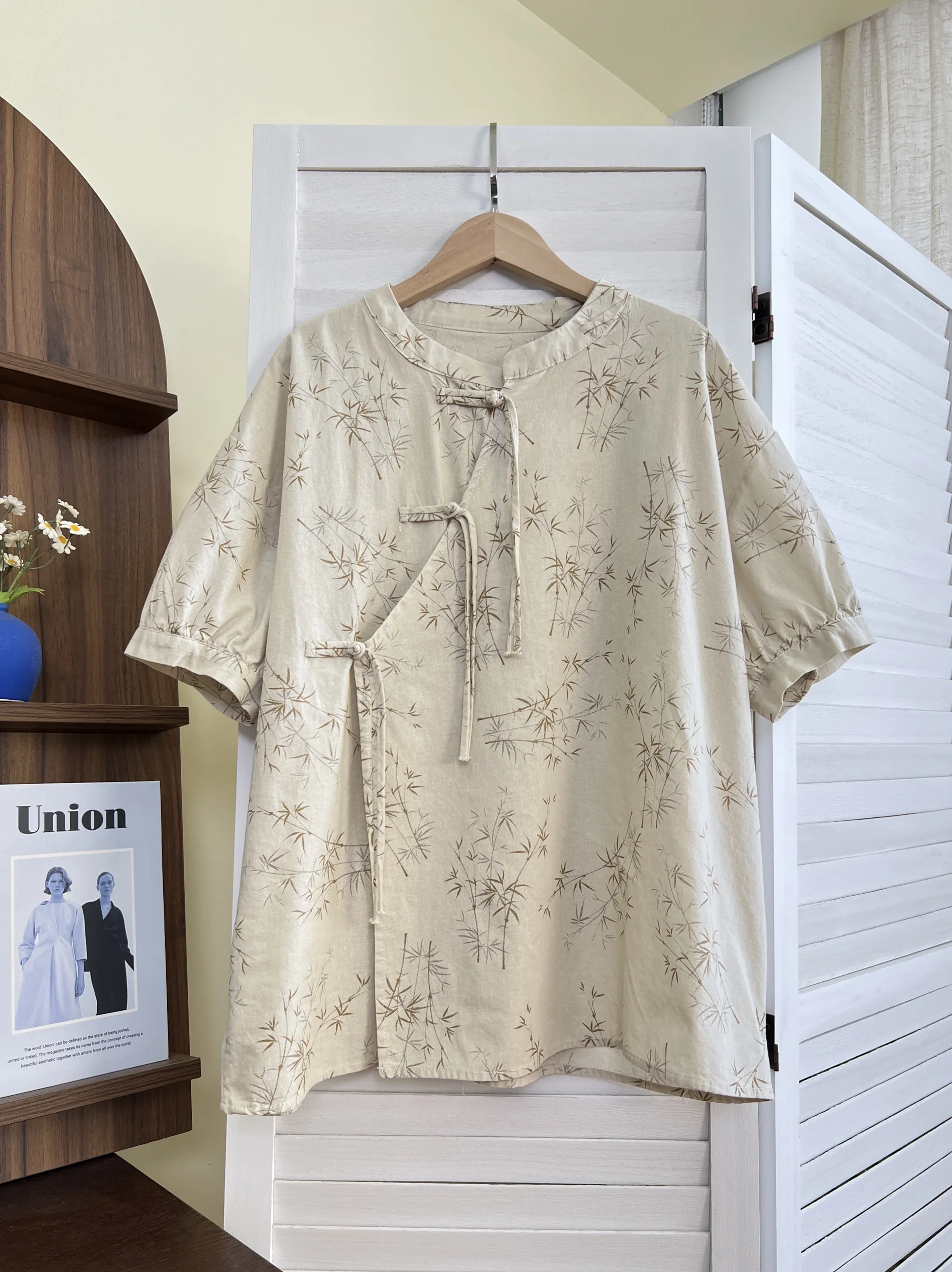 Japan fashion National Sle New Chinese Tassel Buckle Oblique Placket Bamboo Cotton Linen Short sleeve Small Shirt Loo... |