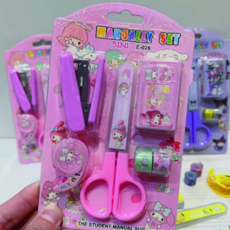 Anime Mymelody Kuromi Kawaii Stationery Set Cartoon Cute Student Tools Scissors Stapler Whistle Tape Combination School Kid Gift images - 6