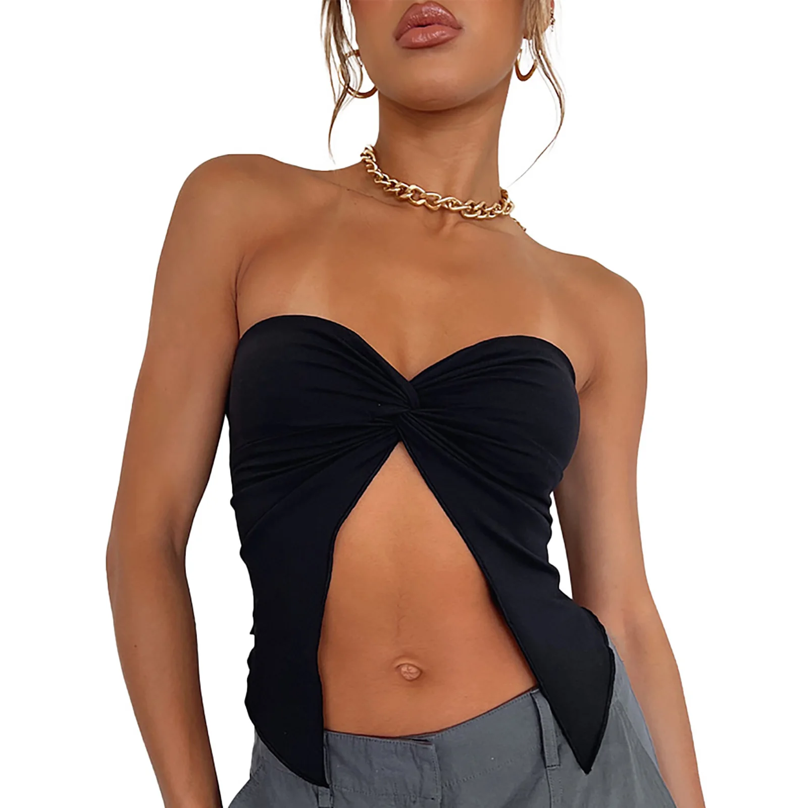 

Женские сексуальные майки, топы с рюшами и скрученным узлом, Топ без бретелек, с открытой спиной и разрезом спереди, бандо, топ для клуба, повседневная одежда для отпуска