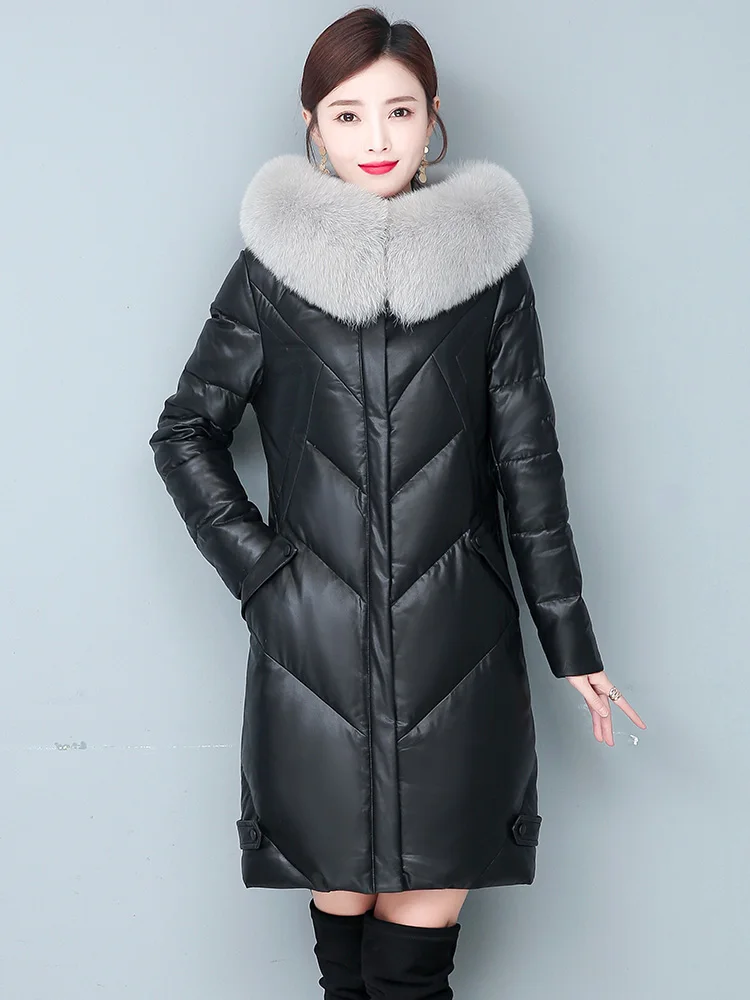 New Women Leather Down Coat Winter Fashion Warm Real Fox Fur Collar Medium Long Sheep Leather Down Jacket Loose Hooded Outerwear