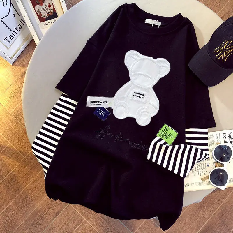 

Long Sleeve TShirt Women Summer 2022 New Korea Fashion Bear Print Pullover Spring Striped Fake 2 Piece Tops Women Clothes