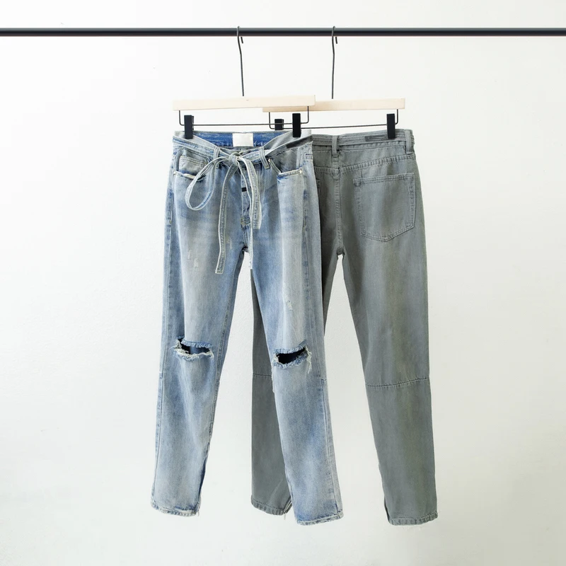 

1:1 Versions 6th FG Ripped Ribbon Drawstring Zipper Jeans Men Women Couple Denim Pants High Street Hip Hop Oversize Casual Pants