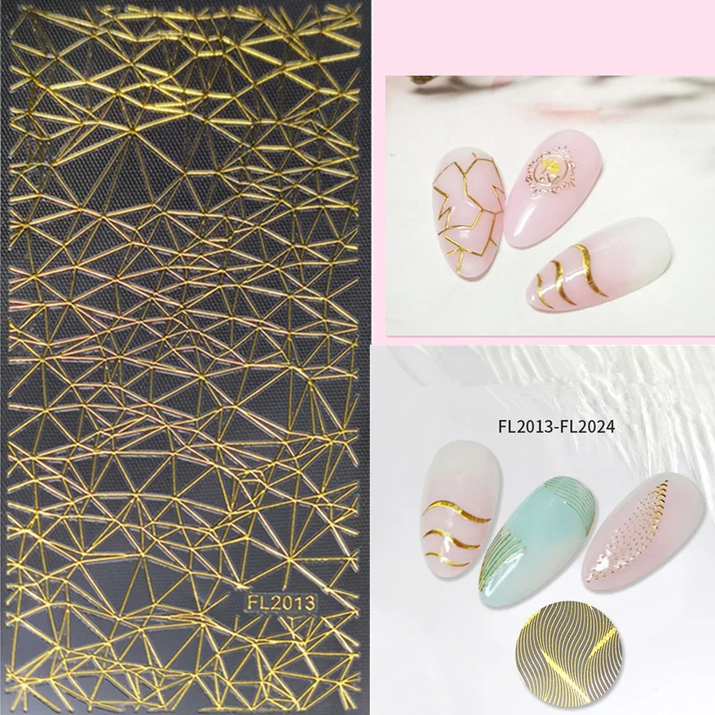 

1pcs Gold Bronzing Nail Stickers Wave Lines Triangle Geometry Pattern Nail Decals Stripe Flower Sliders DIY Manicure Decorations