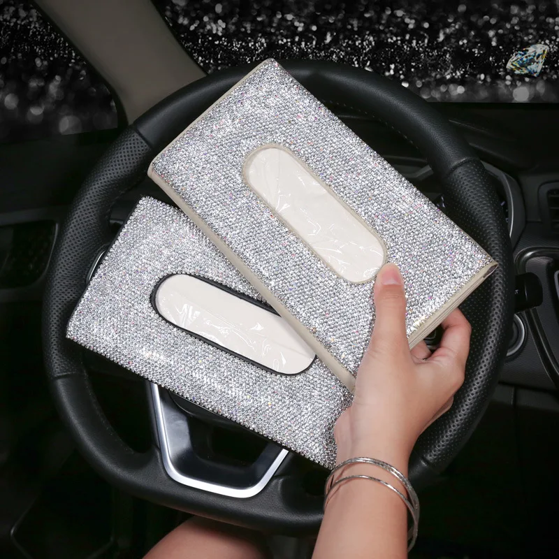 

1PC Car Sun Visor Tissue Box Holder Bling Crystals Cover Case Clip PU Leather Gorgeous Backseat Tissue Case Auto Accessories
