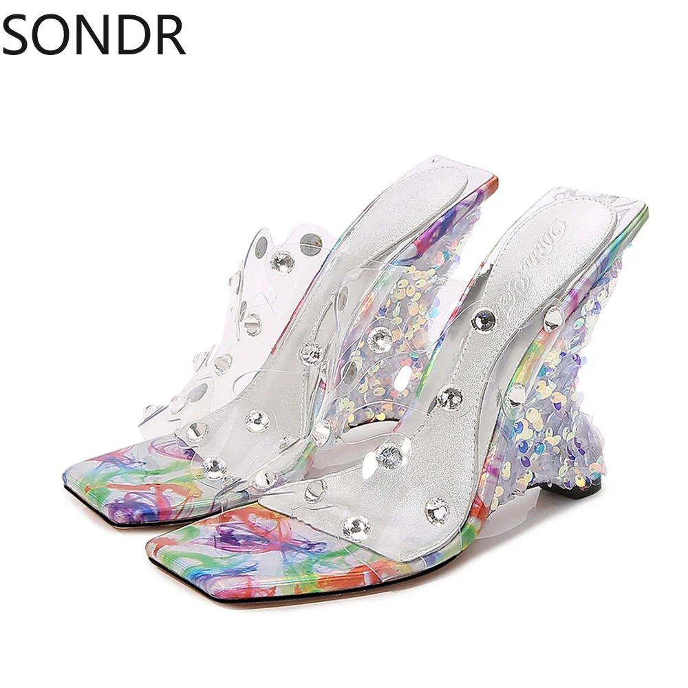 

Женские прозрачные шлепанцы Стразы с открытым носком, хрустальные туфли на высоком каблуке, сандалии с ремешком на пятке, сланцы, Новинка