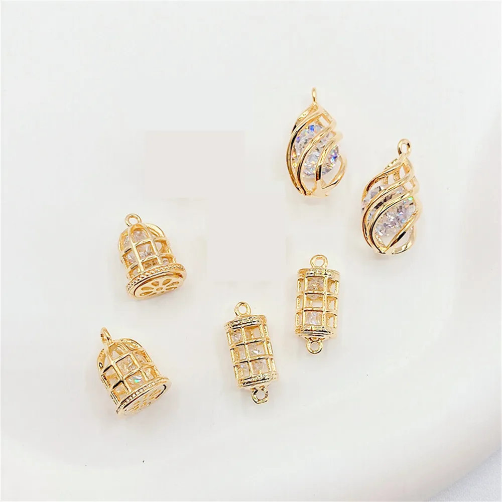 

1pcs 14K Gold Wrapped Droplet Bird Cage Pendant with Zircon Inner Dynamic Pendant DIY Bracelet Necklace Accessories