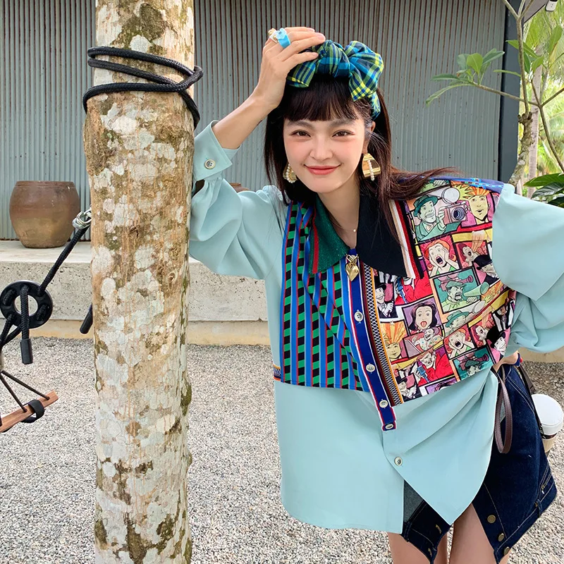 

Женская свободная рубашка с принтом, Повседневная рубашка с прострочкой, уличные модные топы