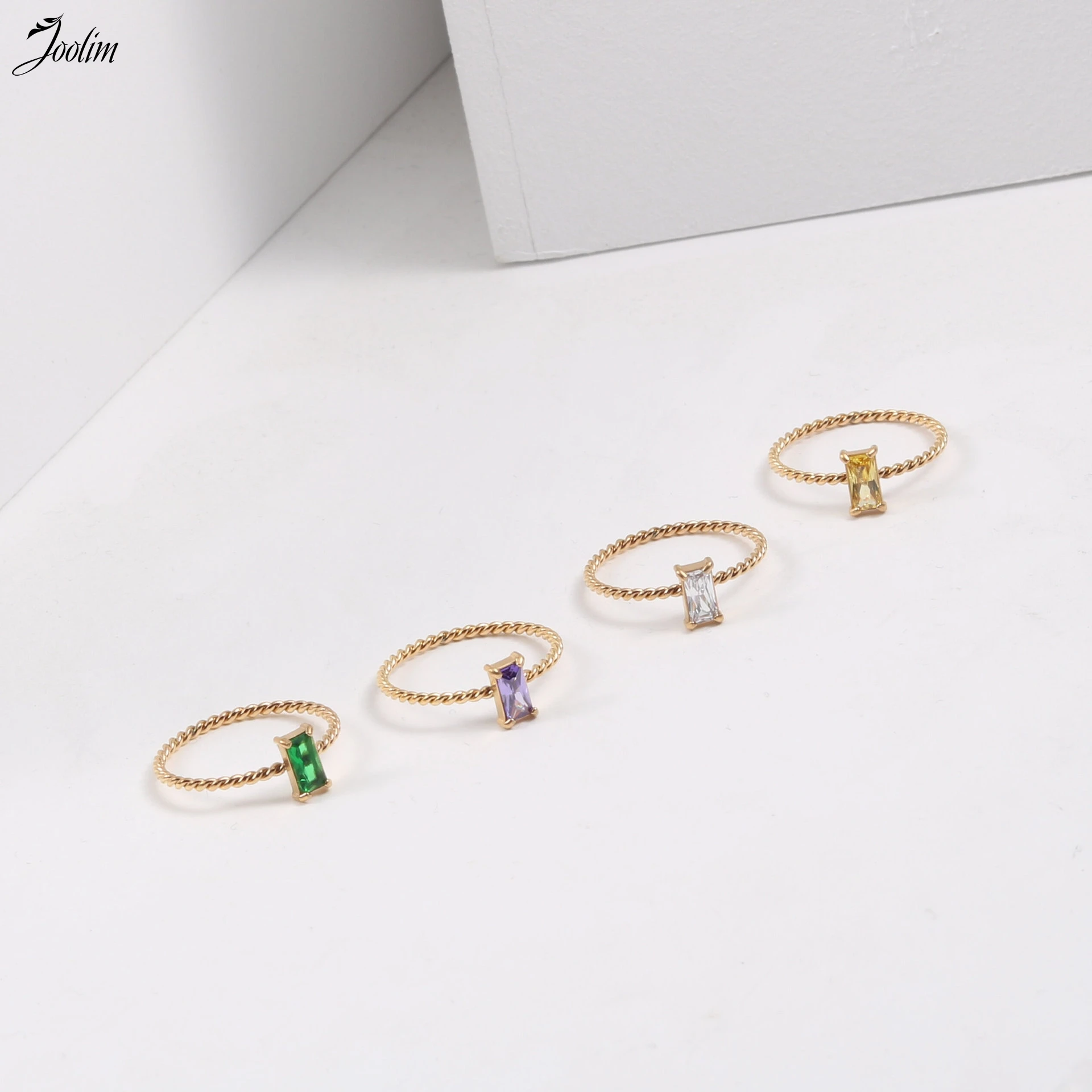 

Joolim High End Gold PVD Waterproof Multicolored Square Zircon Twist Rings For Women Stainless Steel Jewelry Wholesale