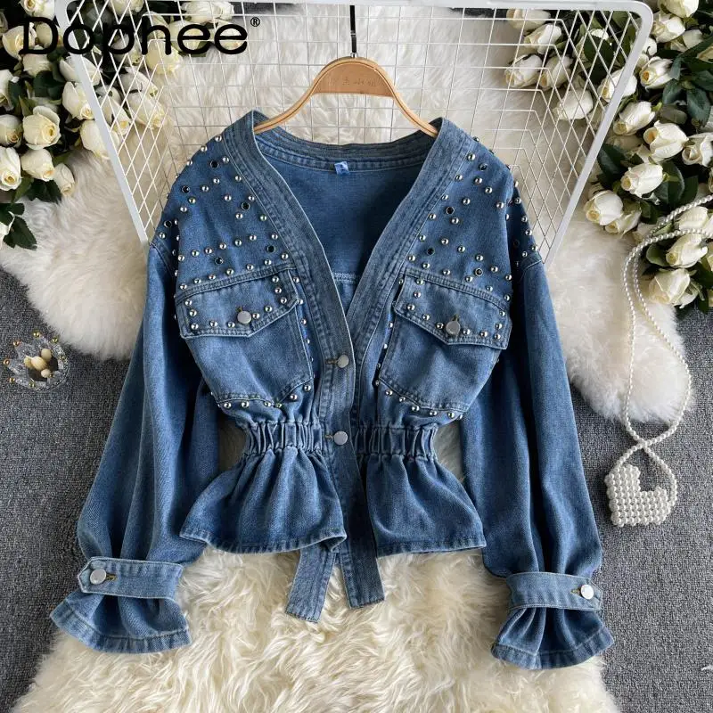 

Retro Korean Slim Waist Elegant V-neck Denim Jacket for Women 2022 Spring New Heavy Beads Diamond Crop Jean Jacket Coat Fashion
