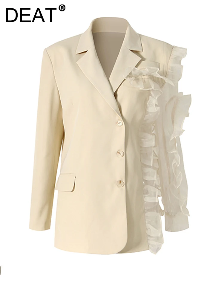 

DEAT Elegant Women's Blazer New Notched Spliced Gauze Single Breasted Ruffles Long Sleeves Suit jackets Tide Autumn 2023 17A1527