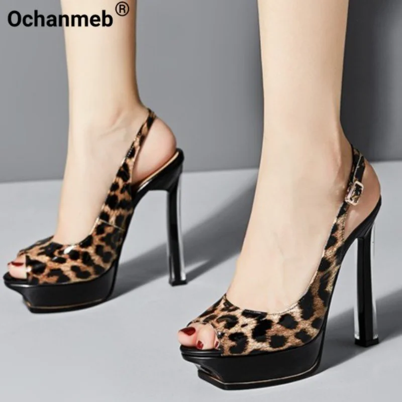 

Ochanmeb Genuine Leather Leopard Sandals Heel Women Peep Toe Slingback Shoes Platform Super Thin High-heeled Sandals Woman 33-42