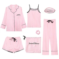 7 pieces women s pajamas sets faux silk striped pyjama ladies nightwear sleepwear suits homewear home service