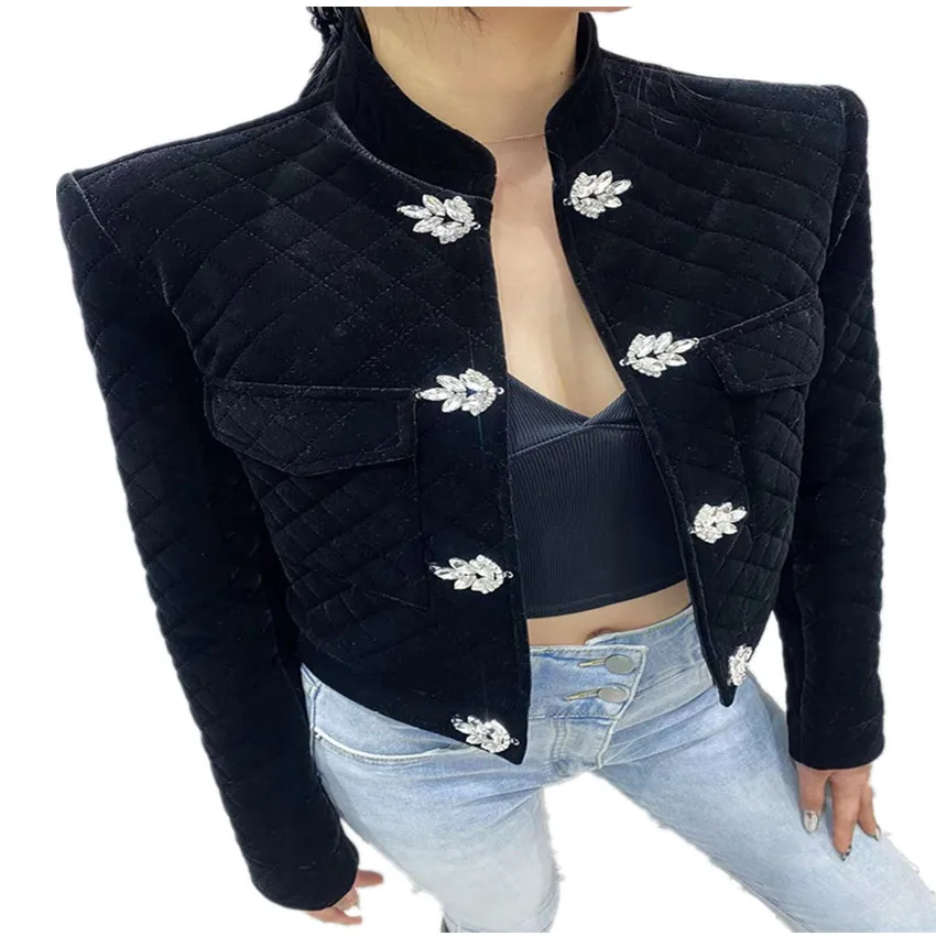French retro black long-sleeved velvet short jacket women winter heavy industry rhinestone stand collar outwear