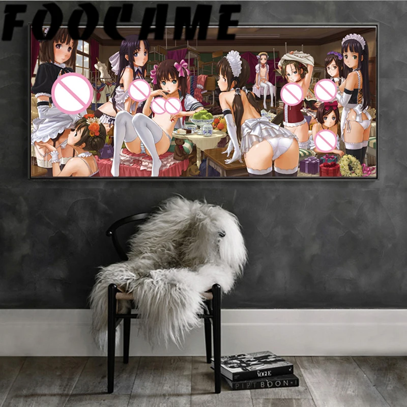 Disfraz de mucama sin censurar para mujer desnuda, póster de Anime para chicas, imagen completa desnuda Sexy, impresiones artísticas decorativas, pintura de seda para pared de dormitorio