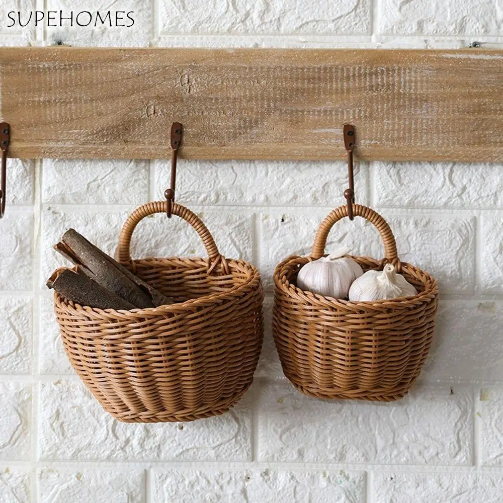 

Hand-woven Wall Mounted With Handle Hanging Handmade Storage Basket Home Decor Flower Pots Sundries Organizer
