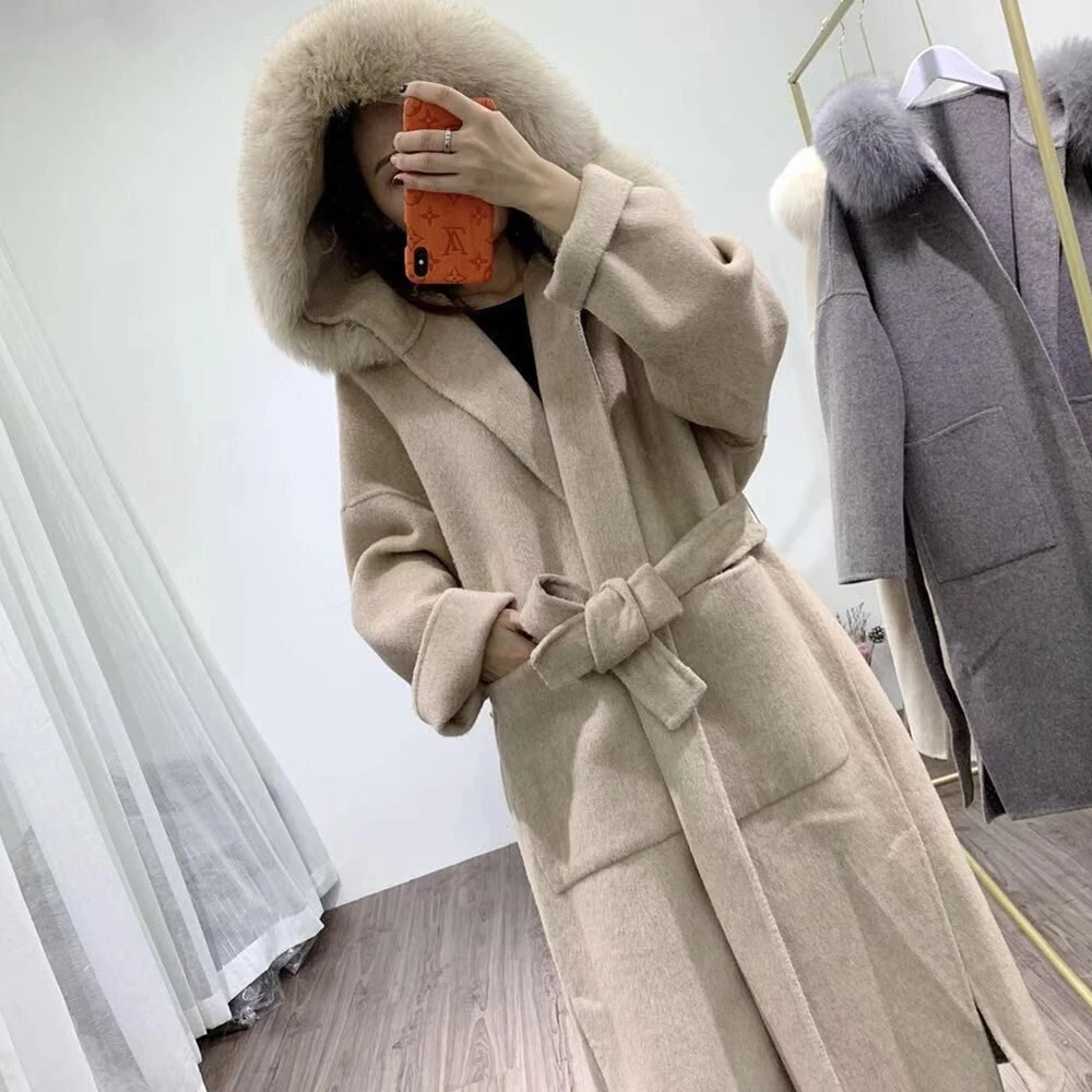 

Aoottii 2022 Real Fur Coat Winter Jacket Women Natural Fox Fur Collar Hood Cashmere Wool Blends x-Long Outerwear Streetwear Kore
