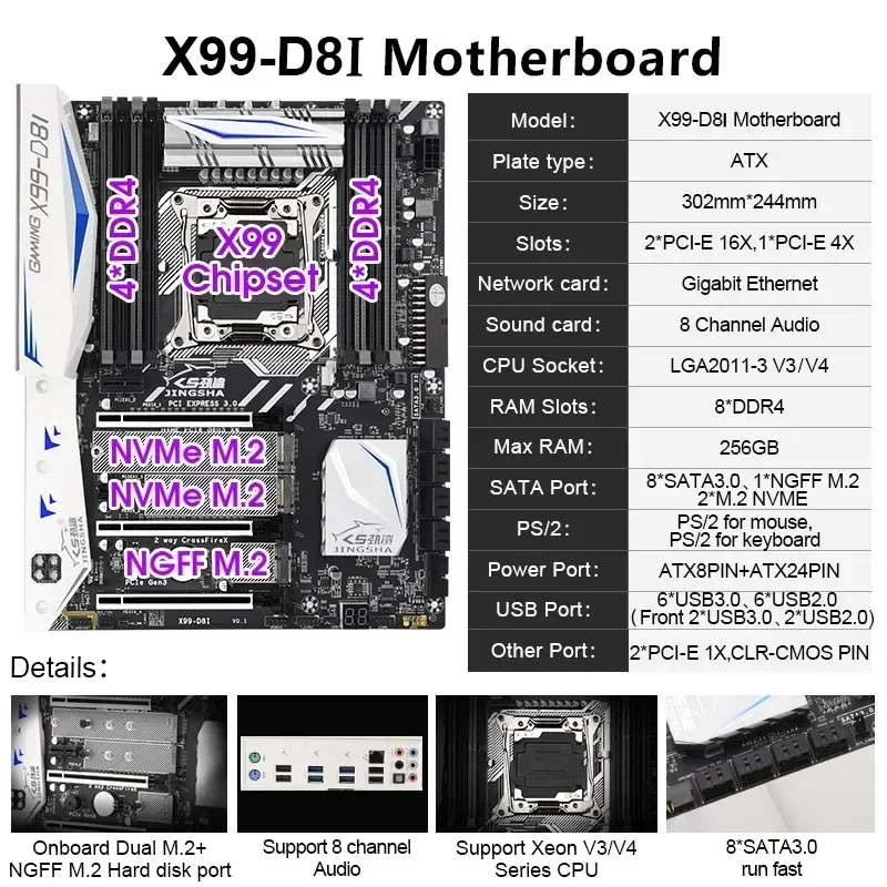 JINGSHA Новый комплект материнской платы X99D8I xeon x99 Chip Support E5 V3V4 LGA 2011-3 Процессор с WIFI +