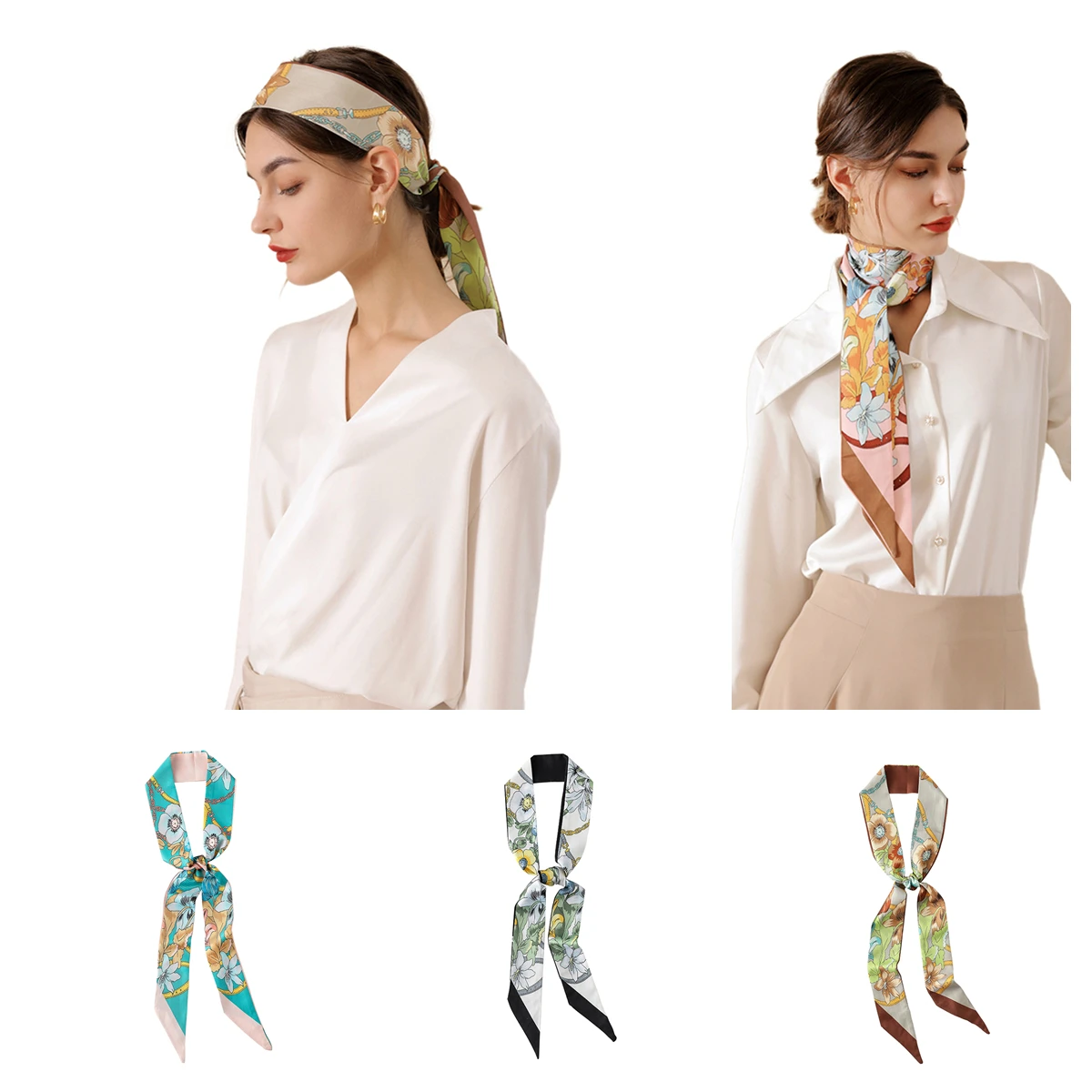 

Silk Feeling Scarf Satin Hair Band for Women Satiny Neckerchief for Spring Summer Fall Lady Printed Elegant Tie FPWS18