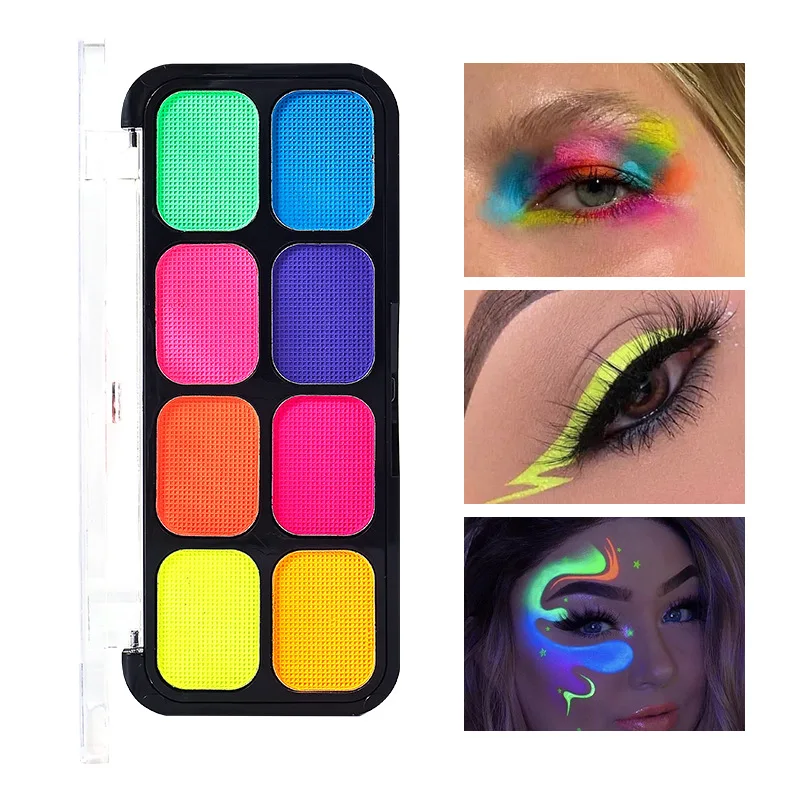 

8 цветов Акварельная краска для макияжа флуоресцентная краска для тела и лица вееры на Хэллоуин светящиеся водорастворимые художественные краски для лица макияж