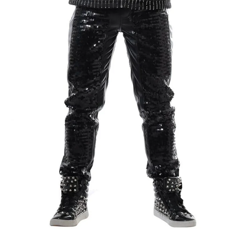 Stage personality men pants casual paillet leather pant men feet trousers singer dance rock fashion pantalon homme punk straight