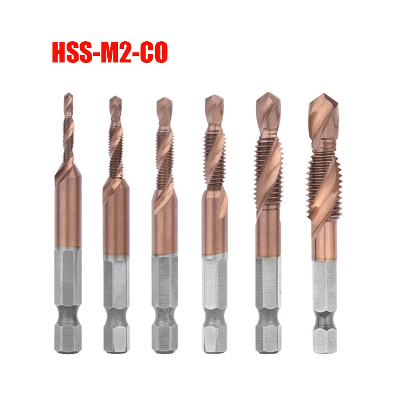 

1/6PCS M3-M10 Screw Tap Drill Bits HSS CO M35 Cobalt Taps Metric Combination Bit 1/4" IN Hex Quick Change Metal Woodworking Tool