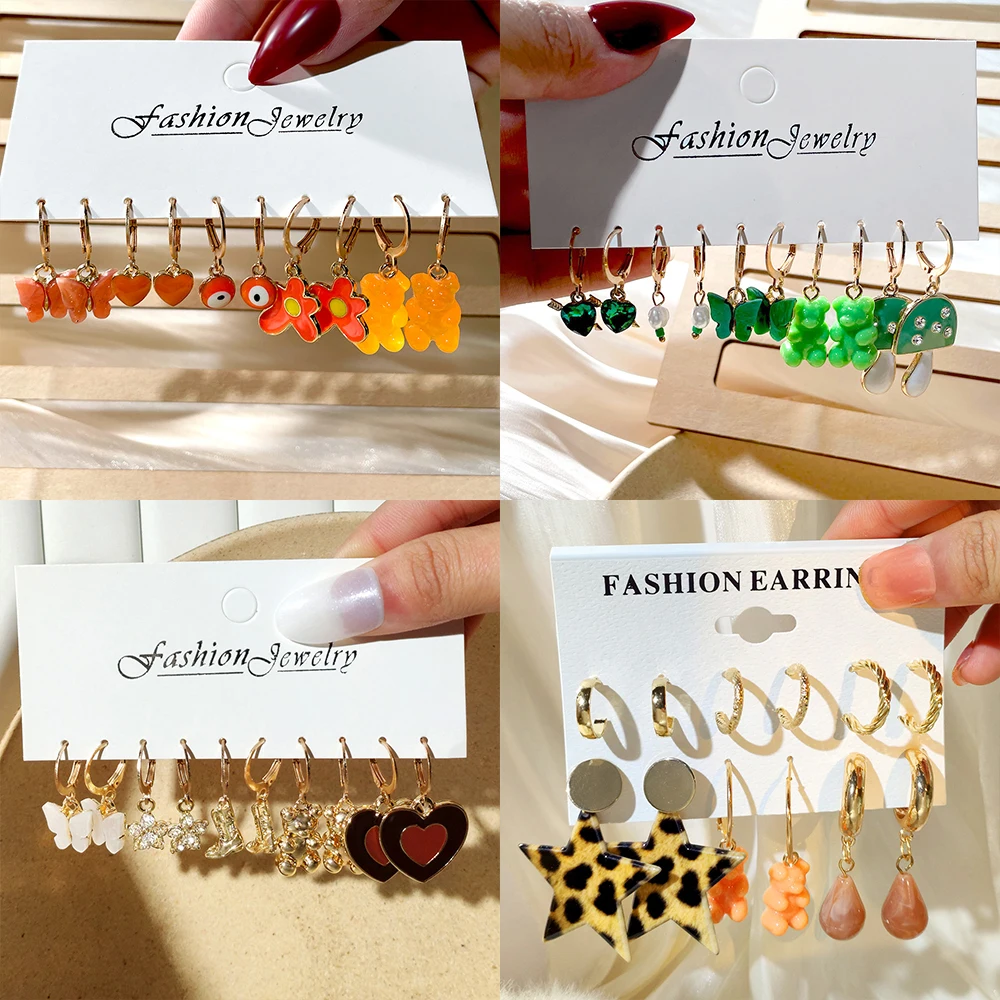 

5Pcs Rainbow Resin Bear Acrylic Butterfly Small Hoop Earrings For Women Colorful Enamel Heat Huggies Earrings Set Travel Jewelry